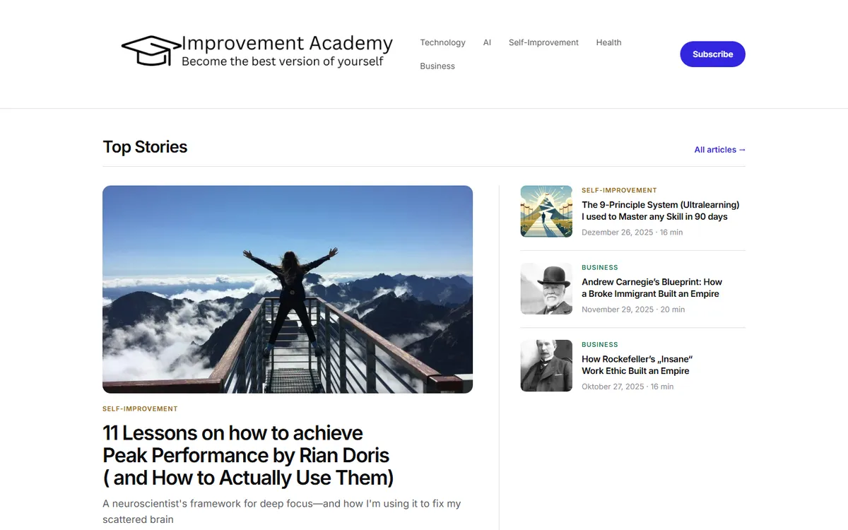 improvement-academy.com homepage with its top stories